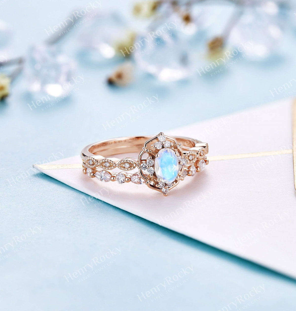 Art deco Moonstone engagement ring set | Antique rose gold bridal set | Vintage diamond milgrain wedding ring set | Anniversary promise ring