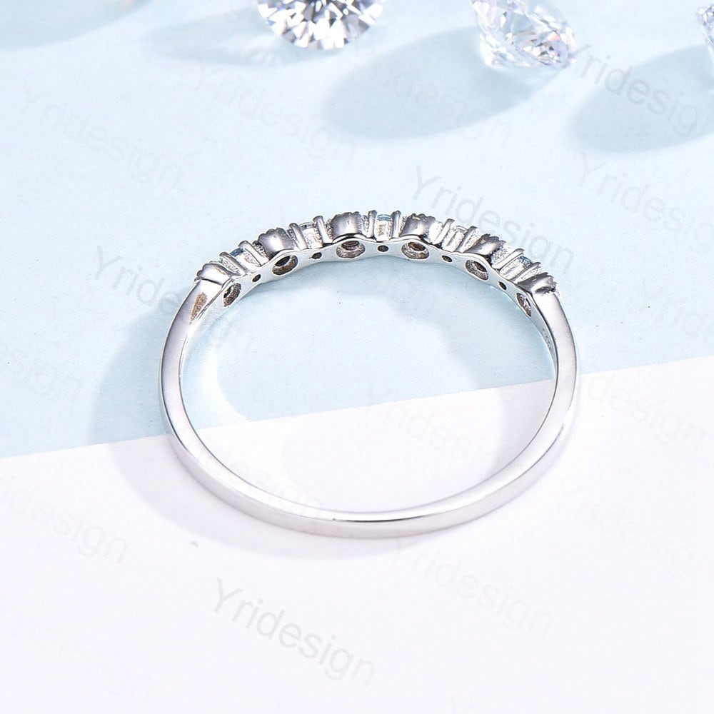 Opal Diamond Wedding Band, White Gold Milgrain Swiss Topaz Stacking Ring