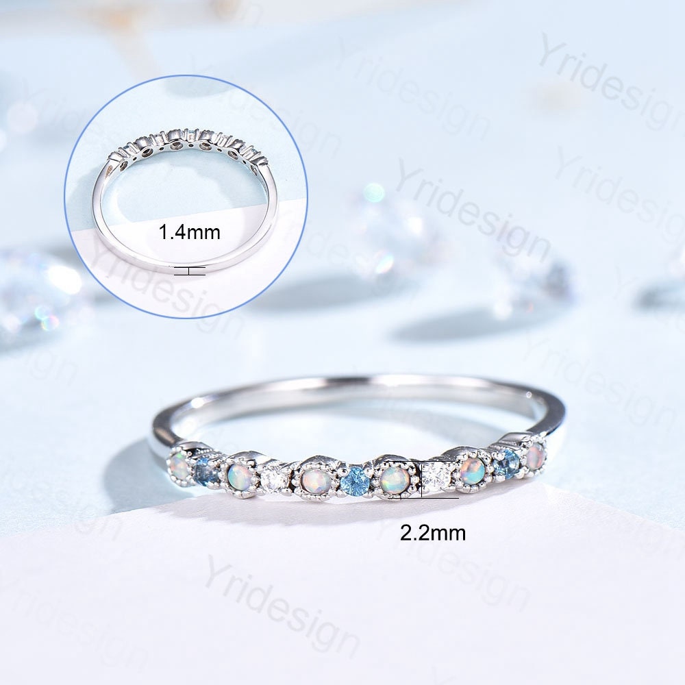 Opal Diamond Wedding Band, White Gold Milgrain Swiss Topaz Stacking Ring