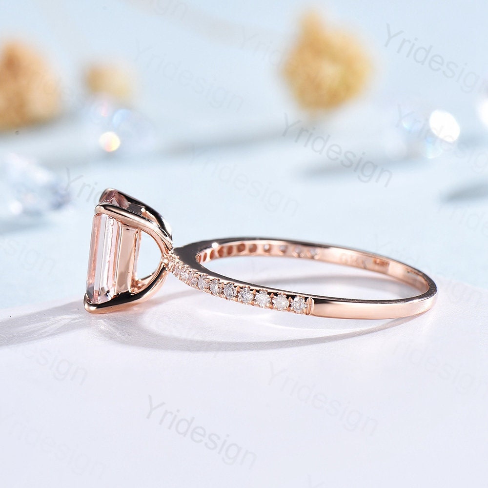Emerald cut natural morganite engagement ring 14K rose gold morganite diamond bridal ring for women antique promise ring for women