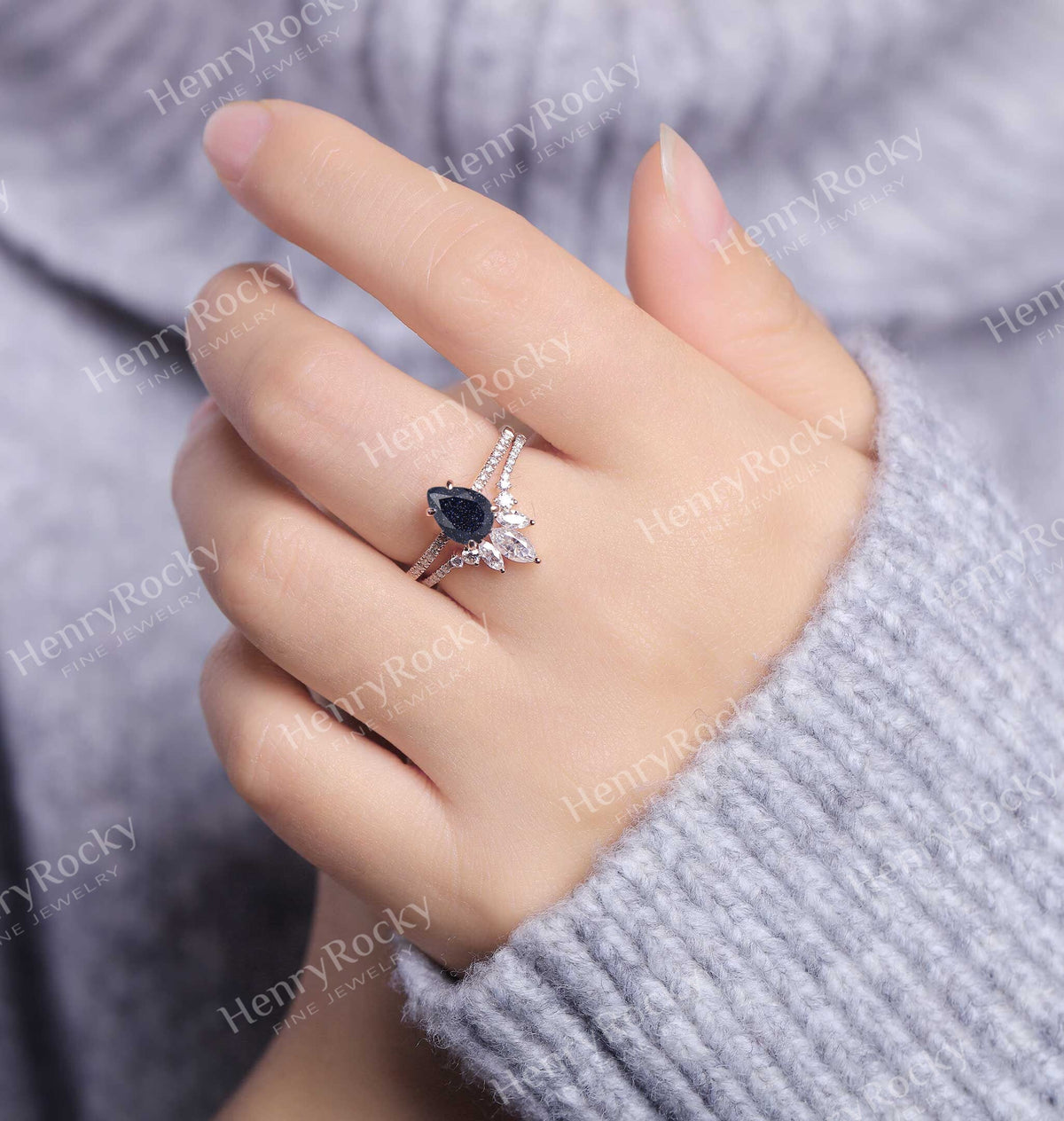 Blue Sandstone Engagement Ring Rose Gold Women | Marquise Moissanite Half Eternity Bridal Set | Unique Wedding Set | Anniversary Rings