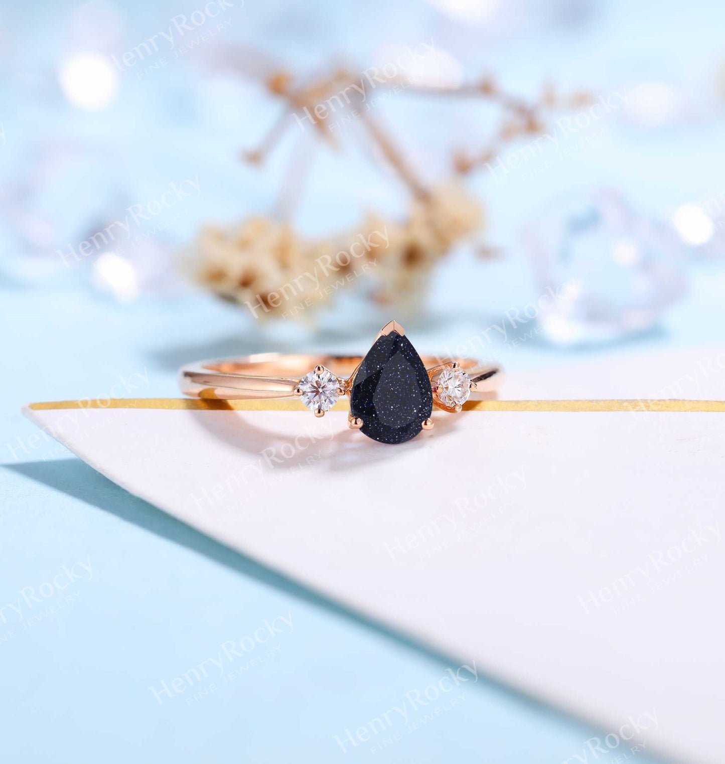 Blue Sandstone Engagement Ring Women Rose Gold | Pear shaped Bridal Jewelry | Vintage Diamond Bridal ring | Unique Anniversary Gift for Her
