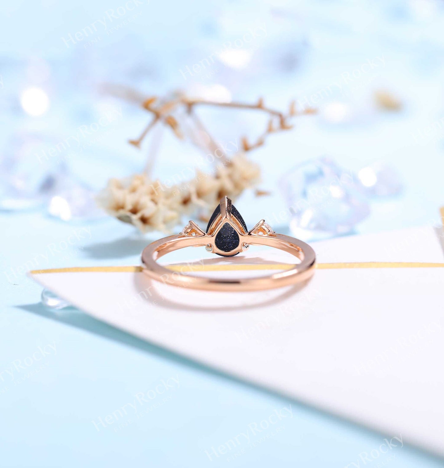 Blue Sandstone Engagement Ring Women Rose Gold | Pear shaped Bridal Jewelry | Vintage Diamond Bridal ring | Unique Anniversary Gift for Her