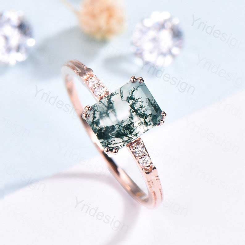 Emerald Cut Moss Agate Diamond Ring Rose Gold Minimalist Dainty Green Agate Engagement Ring  Five Stone Milgrain Women Anniversary Ring