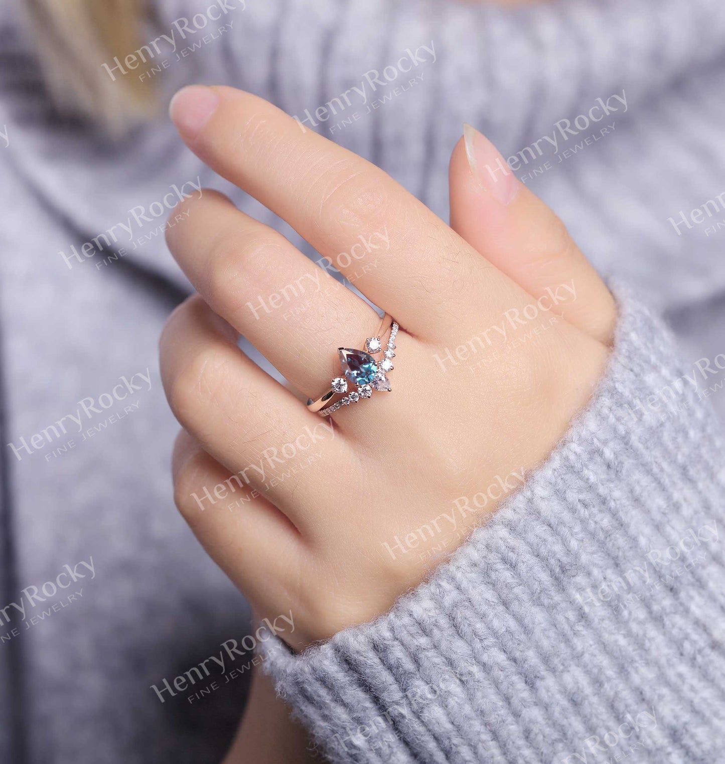 Alexandrite Engagement Ring Rose Gold Ring | Antique Moissanite Half Eternity Bridal Set | Art deco Wedding ring | Anniversary Promise ring