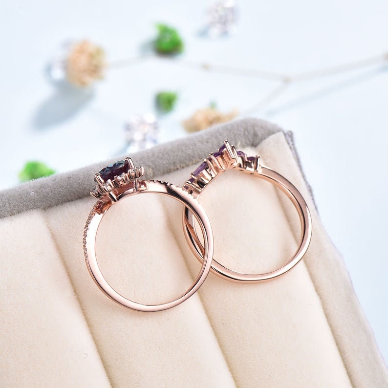 Pear Blue Sandstone Engagement Ring Set: Art Deco Rose Gold, Amethyst Band