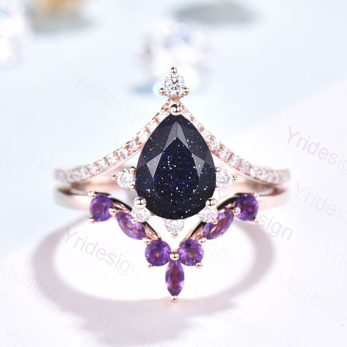 Pear Blue Sandstone Engagement Ring Set: Art Deco Rose Gold, Amethyst Band