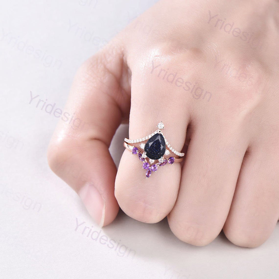 Pear Blue Sandstone Engagement Ring Set: Art Deco Rose Gold, Amethyst Band