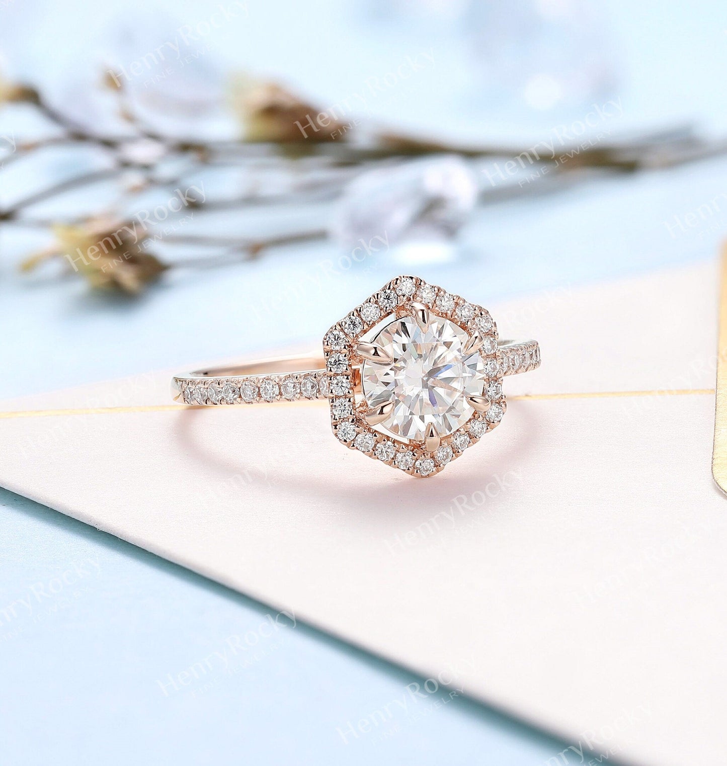 Art deco Moissanite Engagement women Ring | Unique Halo Round shaped Bridal ring | Antique Rose gold wedding ring | Anniversary Promise ring