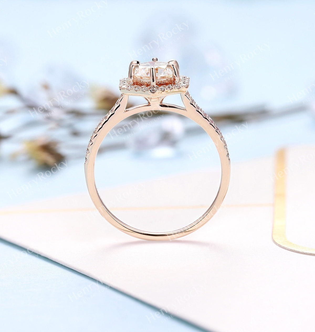 Art deco Moissanite Engagement women Ring | Unique Halo Round shaped Bridal ring | Antique Rose gold wedding ring | Anniversary Promise ring