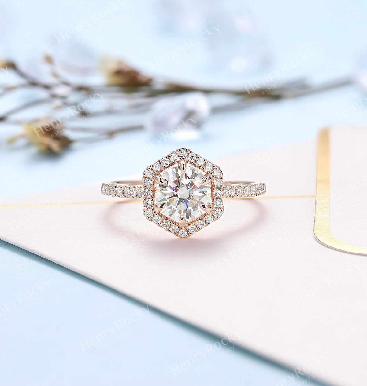 Art deco Moissanite Engagement women Ring | Unique Halo Round shaped Bridal ring | Antique Rose gold wedding ring | Anniversary Promise ring