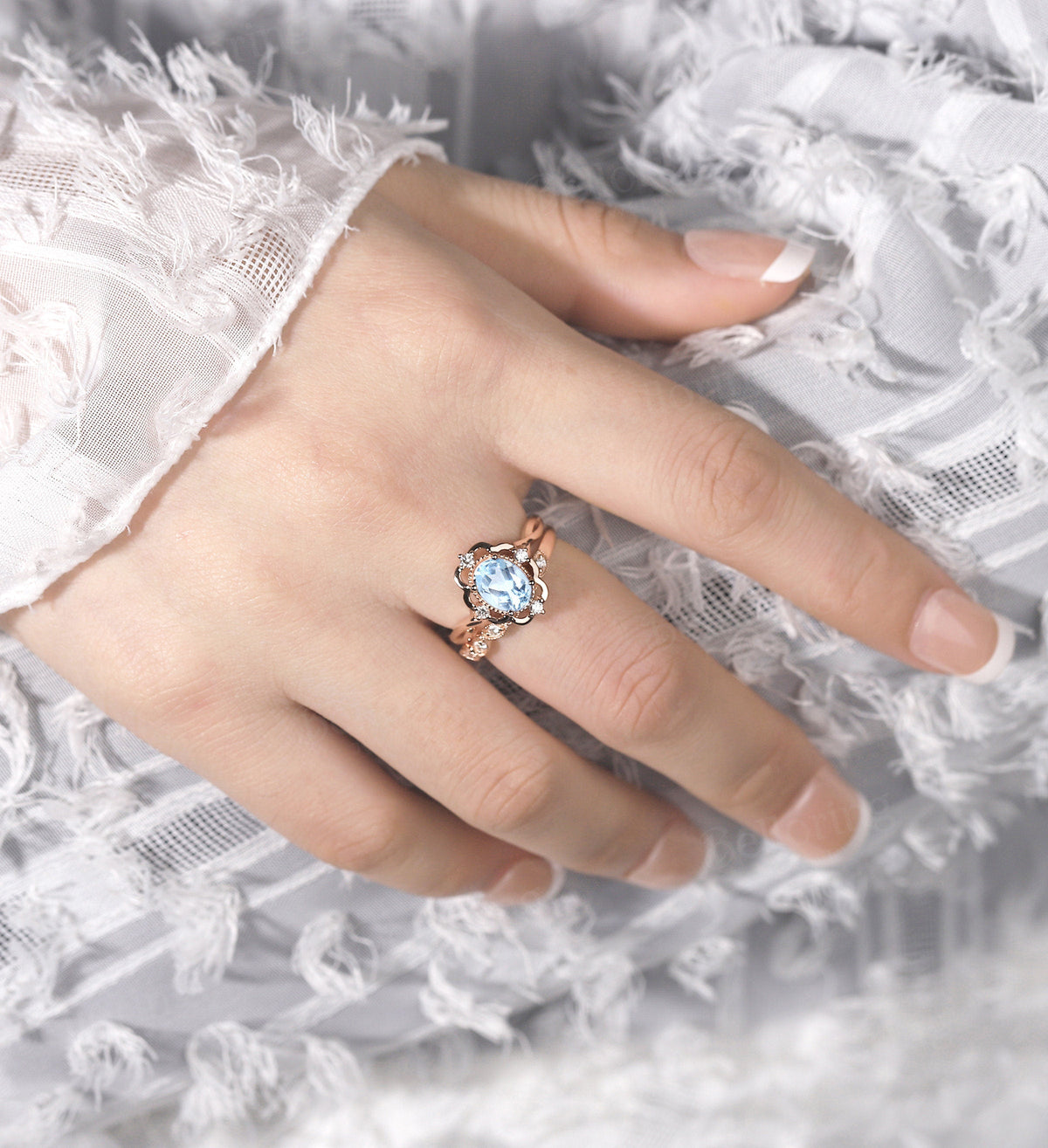 Aquamarine engagement ring vintage Rose gold  oval cut Antique Delicate diamond Half eternity Wedding  Promise Anniversary wedding ring
