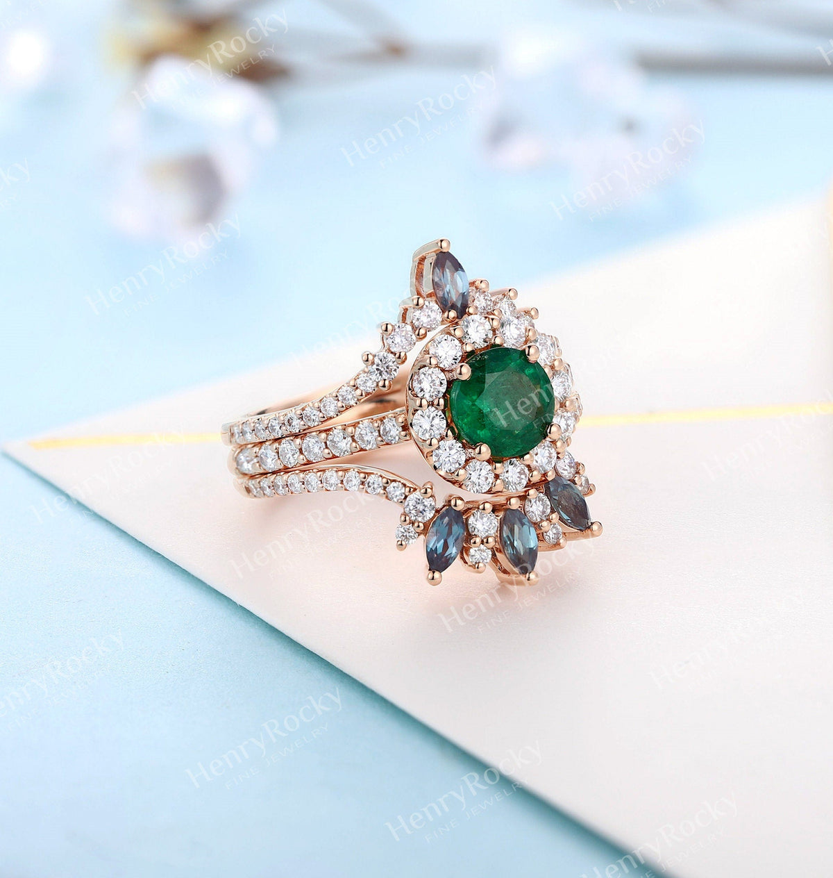 Art deco Emerald Engagement Ring Set | Antique Rose Gold Moissanite Wedding Band | Vintage Alexandrite Bridal Ring | Promise Anniversary