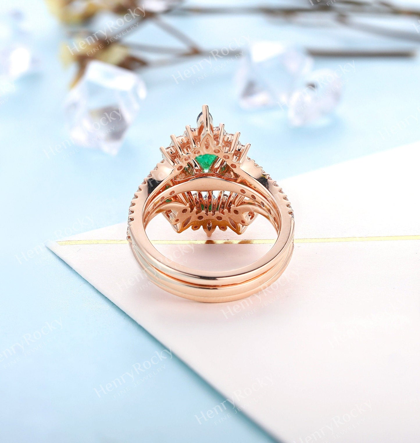 Art deco Emerald Engagement Ring Set | Antique Rose Gold Moissanite Wedding Band | Vintage Alexandrite Bridal Ring | Promise Anniversary