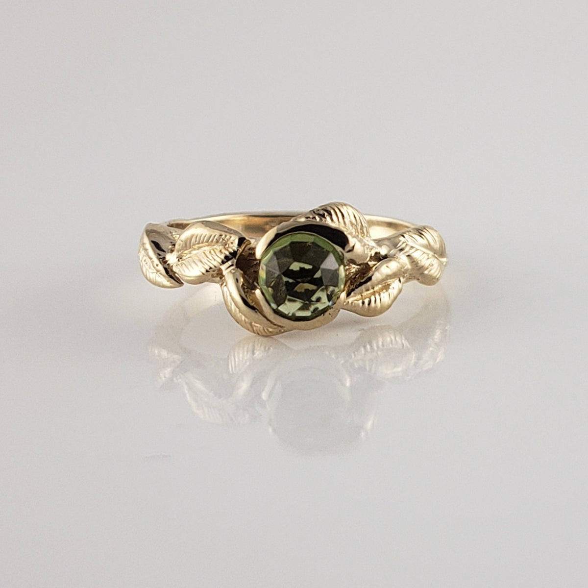 Rose Cut Peridot Gemstone Ring with Leaves in Solid Gold