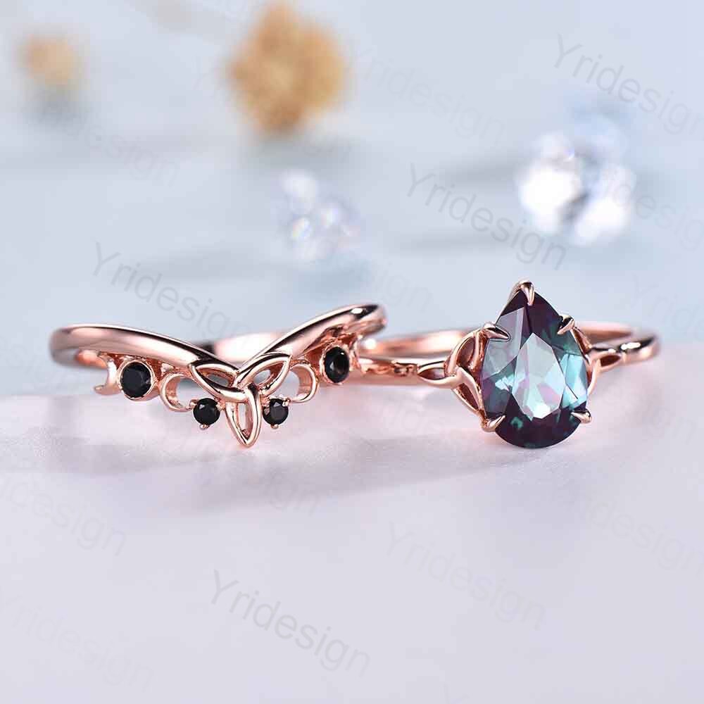 Celtic Knot Norse Viking Alexandrite Engagement Ring Set Unique Pear Alexandrite Wedding Ring,Curved Black Spinel Matching Band Bridal Sets