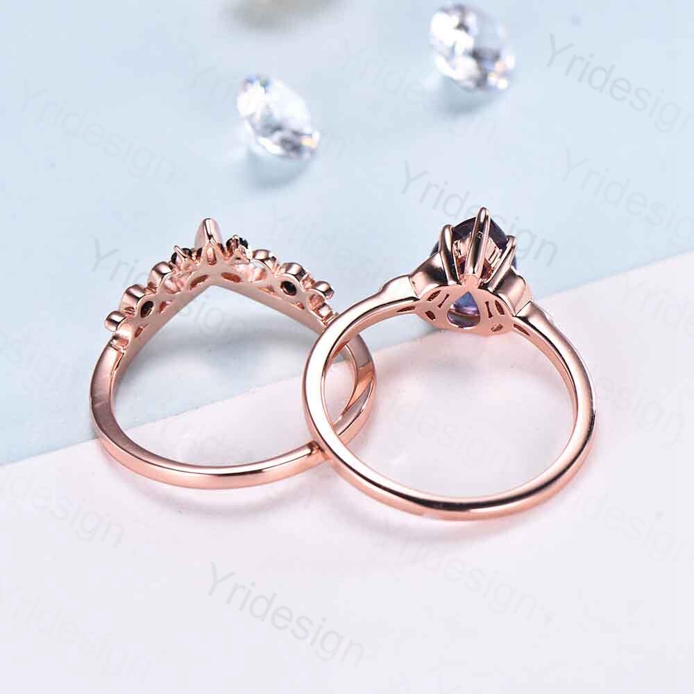 Celtic Knot Norse Viking Alexandrite Engagement Ring Set Unique Pear Alexandrite Wedding Ring,Curved Black Spinel Matching Band Bridal Sets