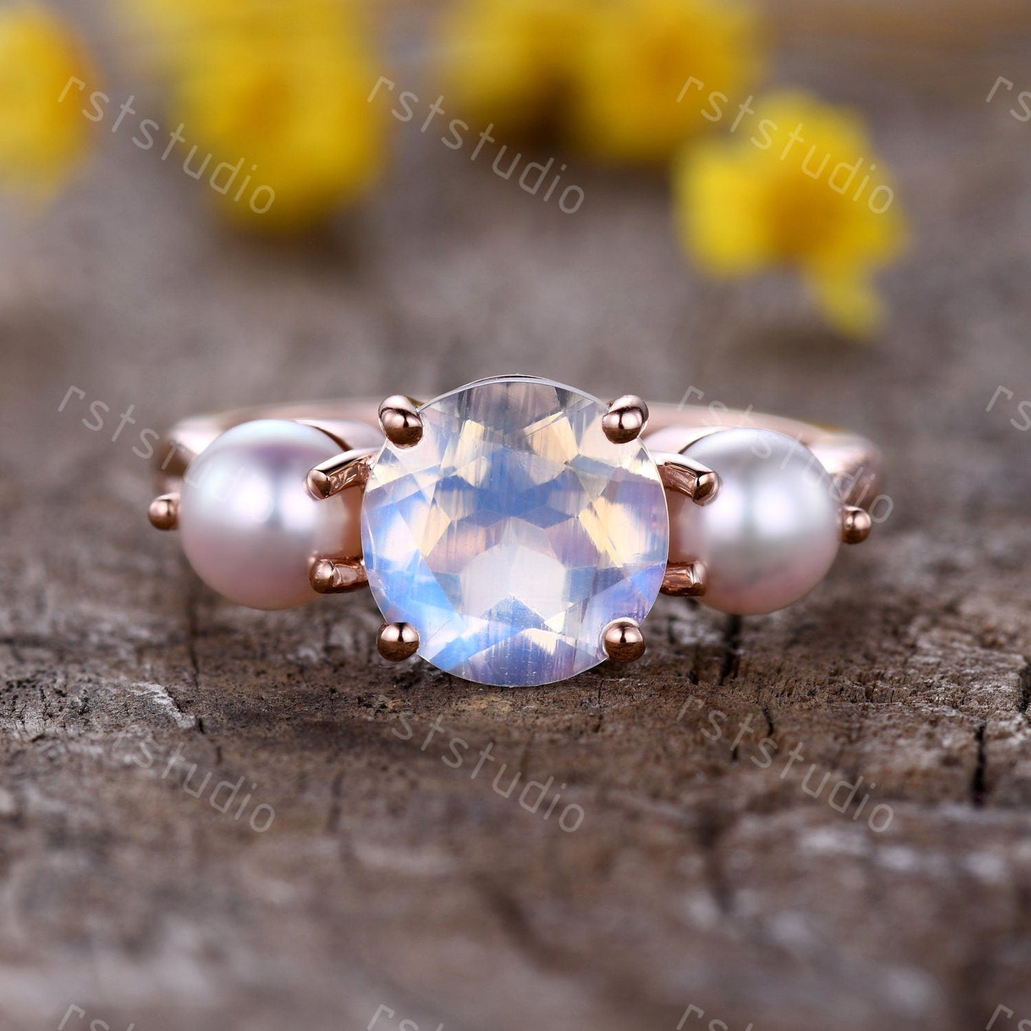 Vintage Art Deco Moonstone Pearl Ring, Rose Gold Promise Ring
