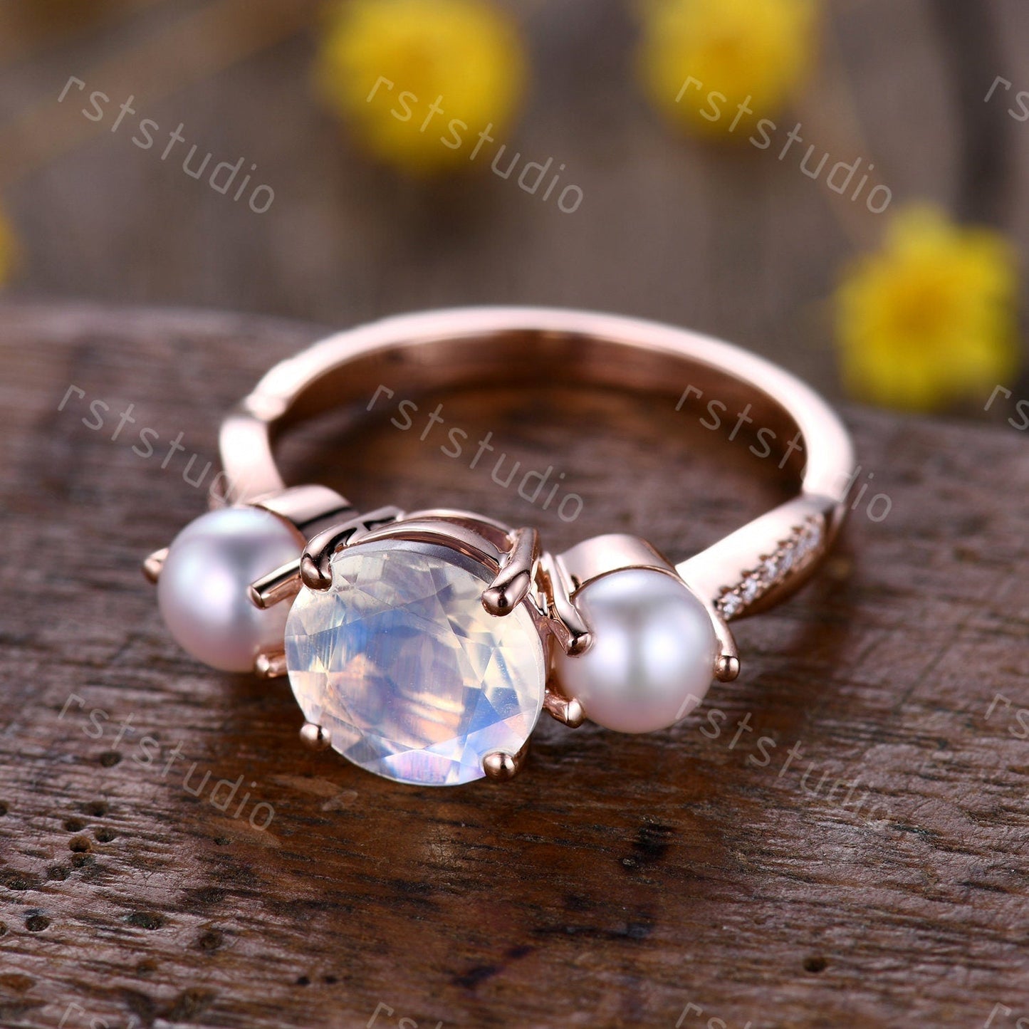 Vintage Art Deco Moonstone Pearl Ring, Rose Gold Promise Ring