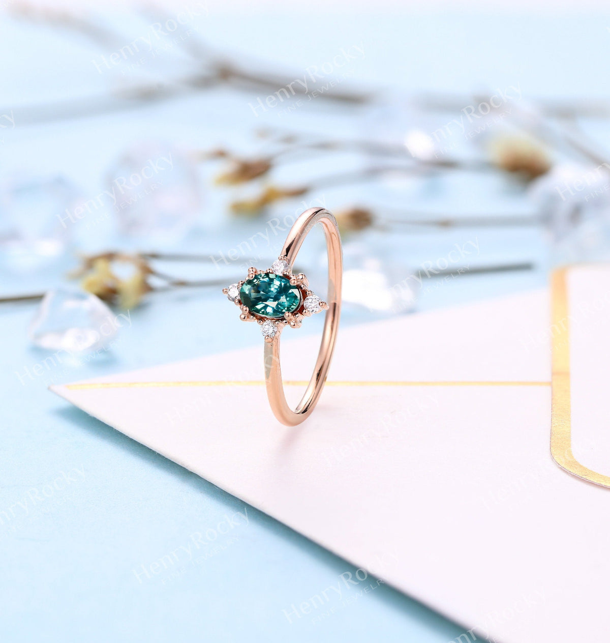 Antique Teal Sapphire Engagement Ring | Vintage Oval cut Rose gold wedding ring | Art deco Diamond Ring |Anniversary Promise Rings for women