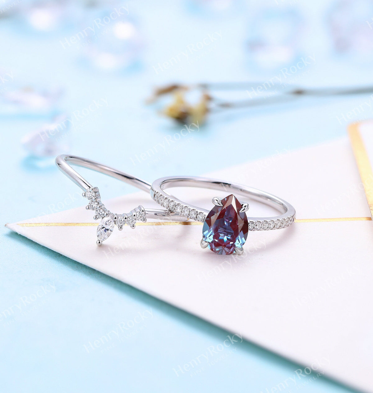 Pear shaped Alexandrite Engagement Ring White Gold Women | Antique Half Eternity Bridal Set|Unique Marquise Wedding Set| Anniversary for her