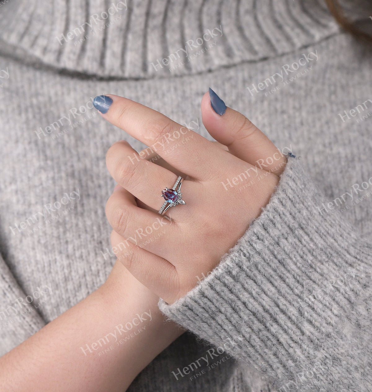 Pear shaped Alexandrite Engagement Ring White Gold Women | Antique Half Eternity Bridal Set|Unique Marquise Wedding Set| Anniversary for her