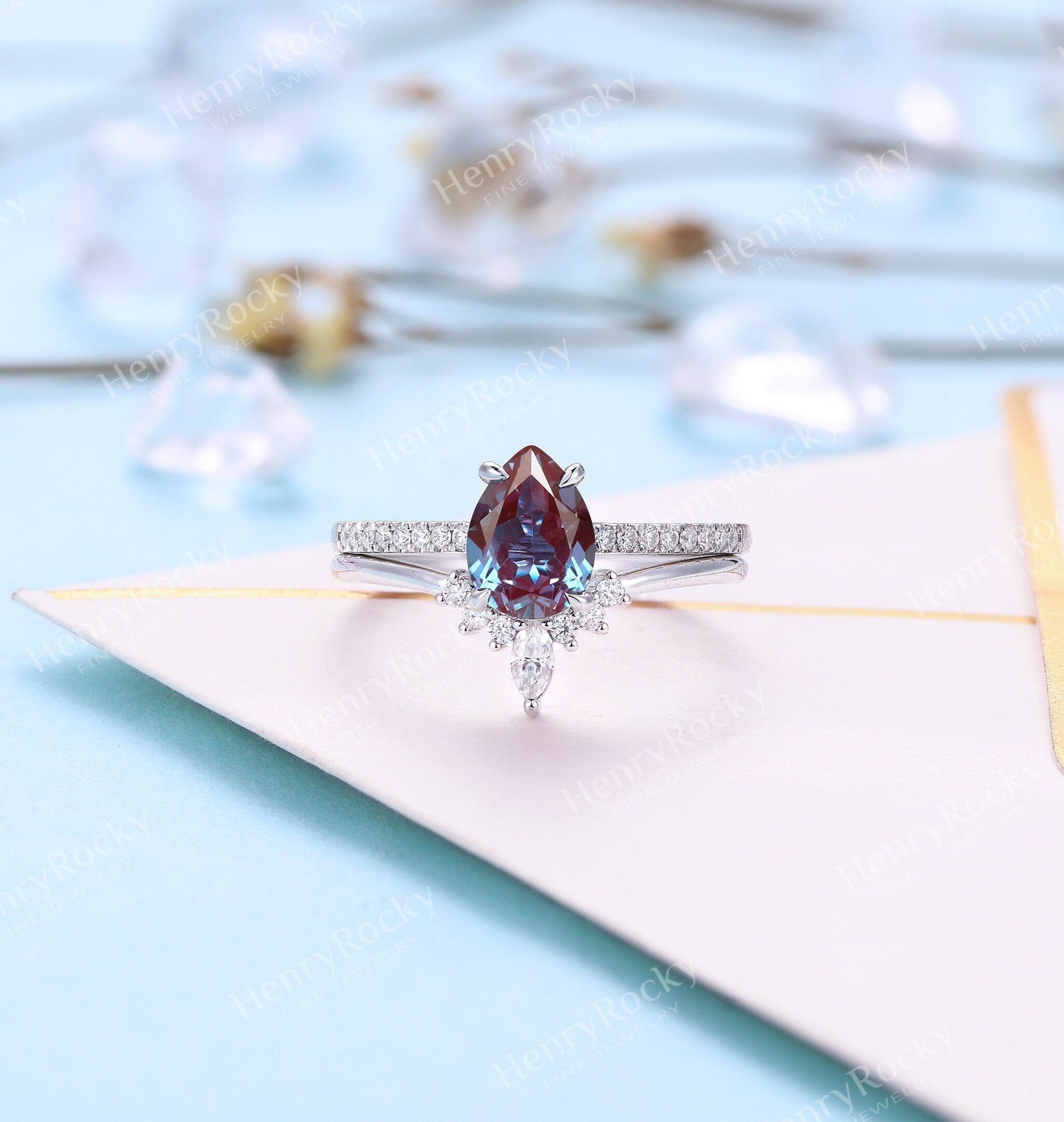 Pear shaped Alexandrite Engagement Ring White Gold Women | Antique Half Eternity Bridal Set|Unique Marquise Wedding Set| Anniversary for her