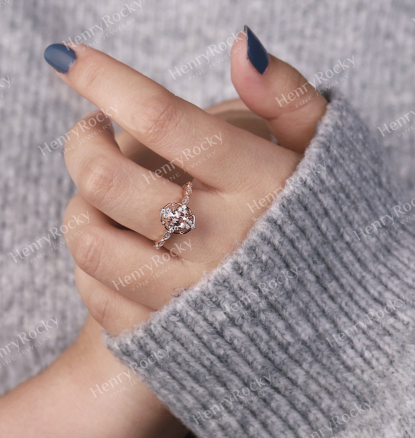 Art deco Morganite Engagement Ring | Vintage Rose Gold Diamond Ring | Antique Oval shaped Milgrain wedding ring | Unique Anniversary ring