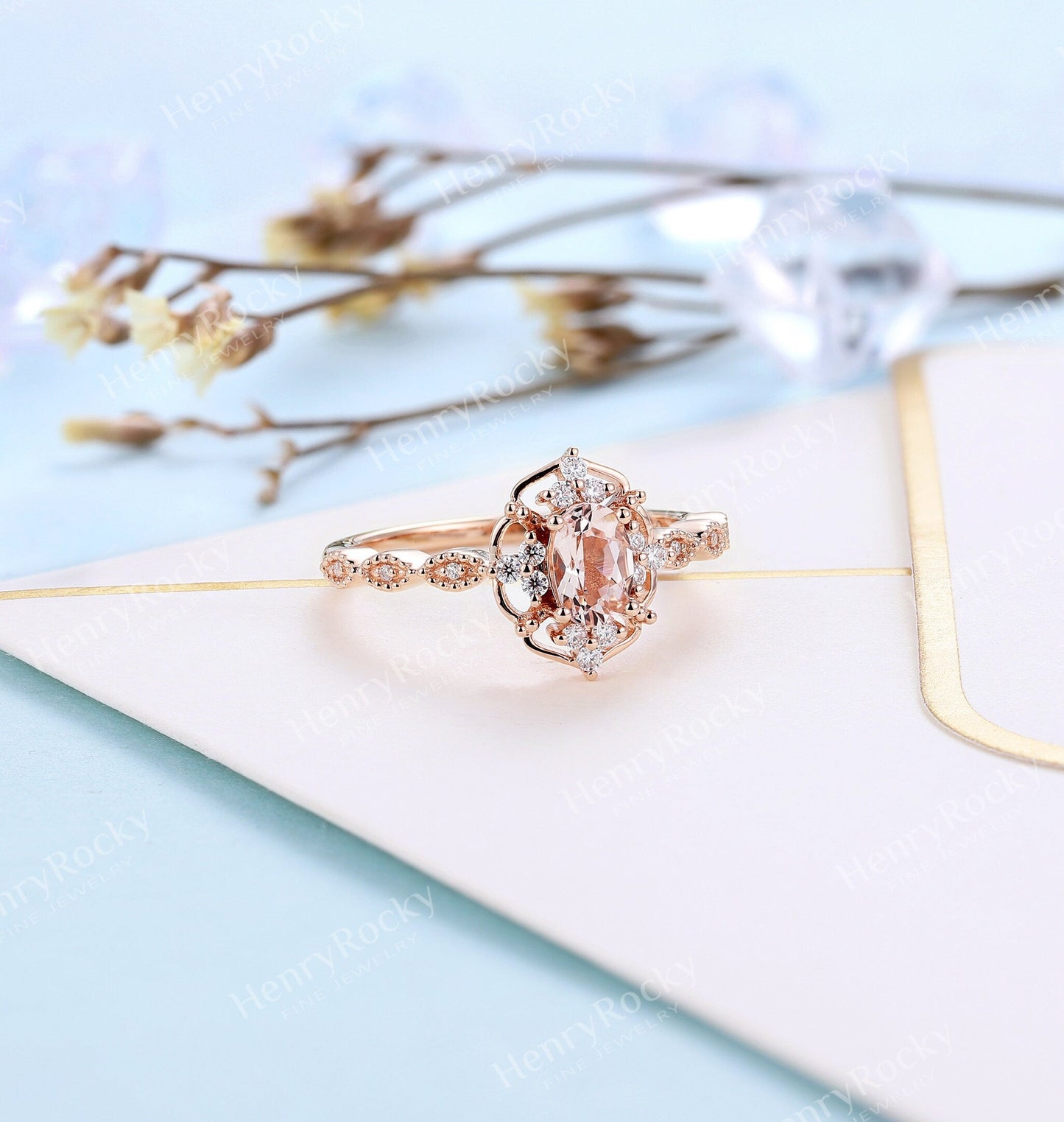 Art deco Morganite Engagement Ring | Vintage Rose Gold Diamond Ring | Antique Oval shaped Milgrain wedding ring | Unique Anniversary ring