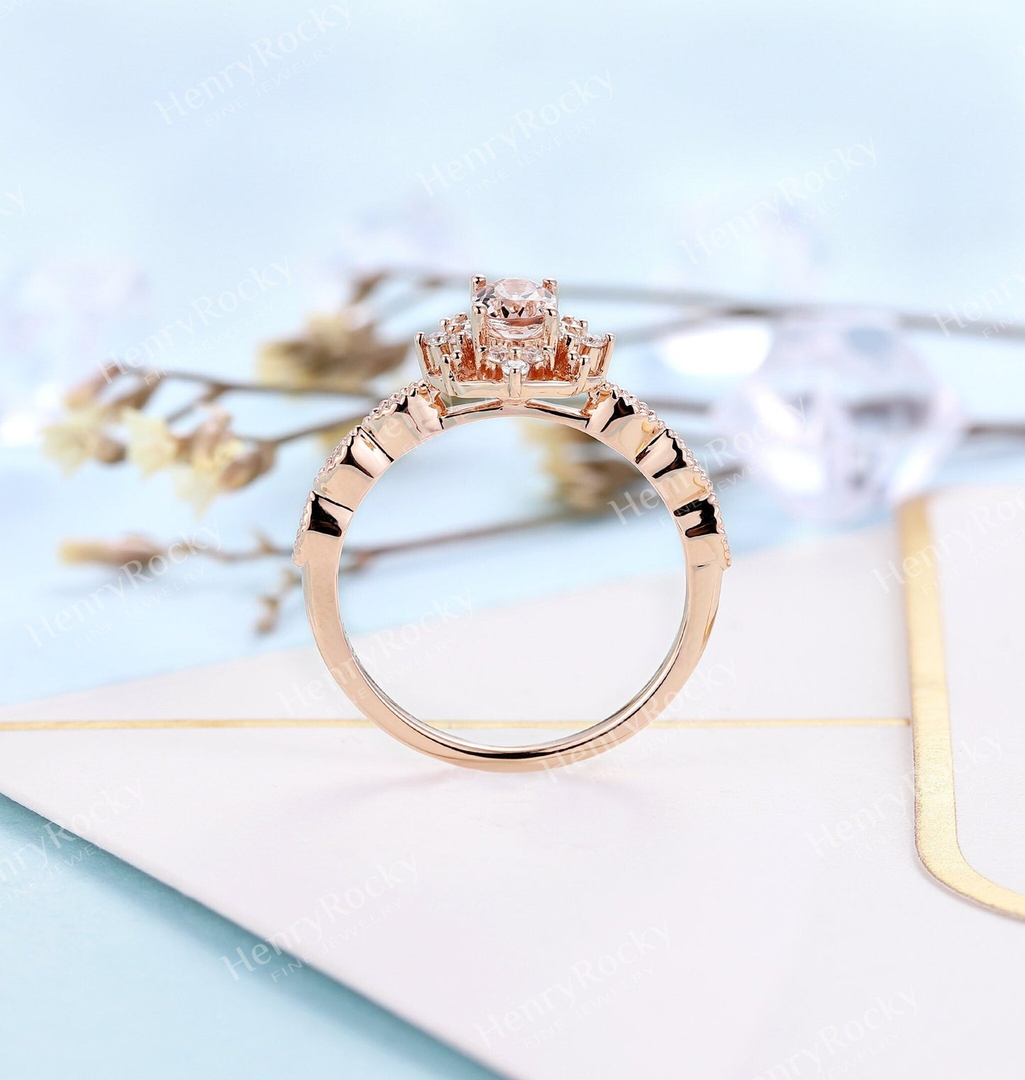 Art deco Morganite Engagement Ring | Vintage Rose Gold Diamond Ring | Antique Oval shaped Milgrain wedding ring | Unique Anniversary ring