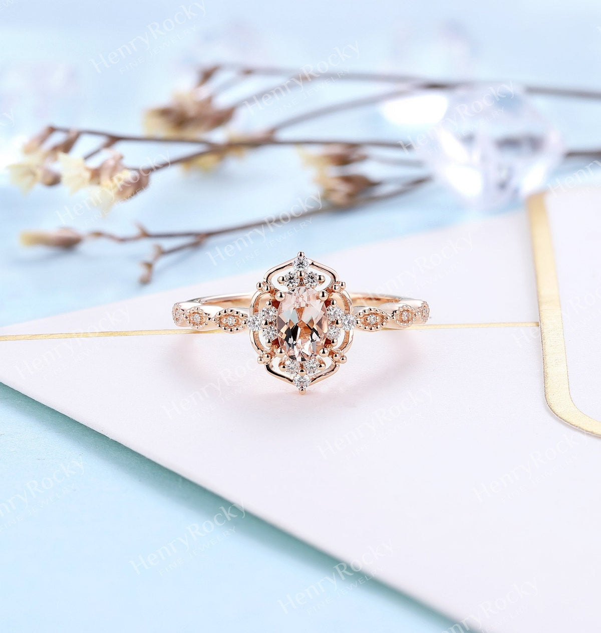 Art deco Morganite Engagement Ring | Vintage Rose Gold Diamond Ring | Antique Oval shaped Milgrain wedding ring | Unique Anniversary ring