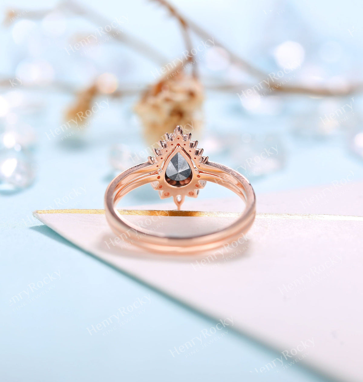 Salt and Pepper Diamond Engagement Ring | Art deco Pear shaped Rose gold wedding ring set |Antique Moissanite Bridal set |Unique Anniversary