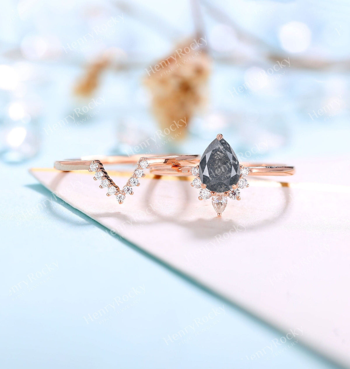 Salt and Pepper Diamond Engagement Ring | Art deco Pear shaped Rose gold wedding ring set |Antique Moissanite Bridal set |Unique Anniversary