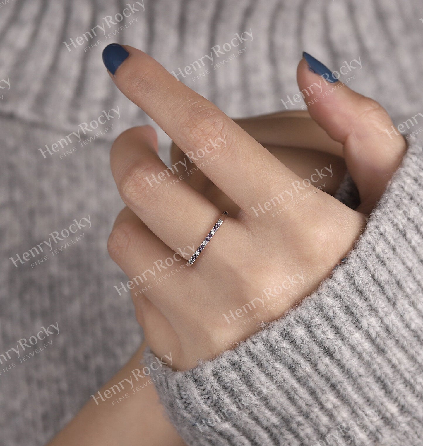 Delicate Wedding Band White Gold Women | Vintage Diamond wedding ring Stacking Amethyst jewelry|Unique Promise Ring Anniversary Gift for her