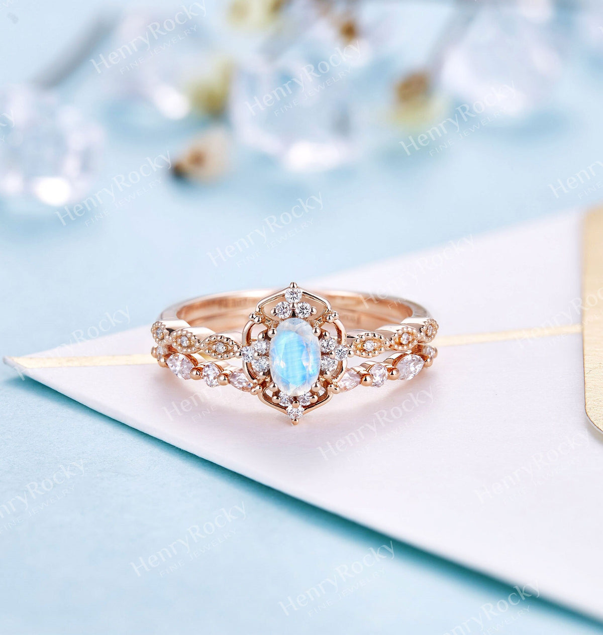 Art deco Moonstone engagement ring set | Antique rose gold bridal set | Vintage diamond milgrain wedding ring set | Anniversary promise ring