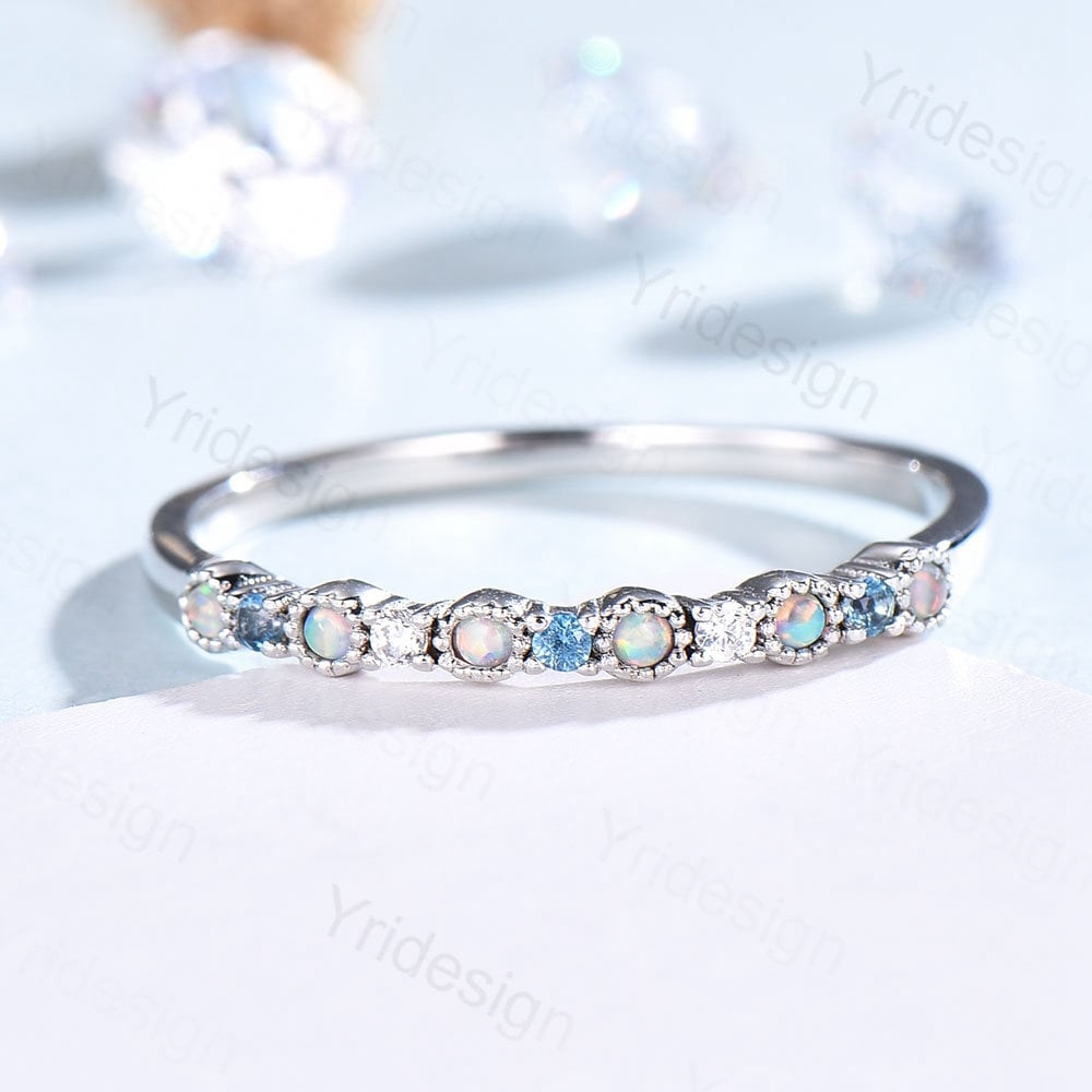 Opal Diamond Wedding Band, White Gold Milgrain Swiss Topaz Stacking Ring