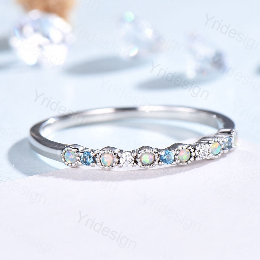 Opal Diamond Wedding Band, White Gold Milgrain Swiss Topaz Stacking Ring