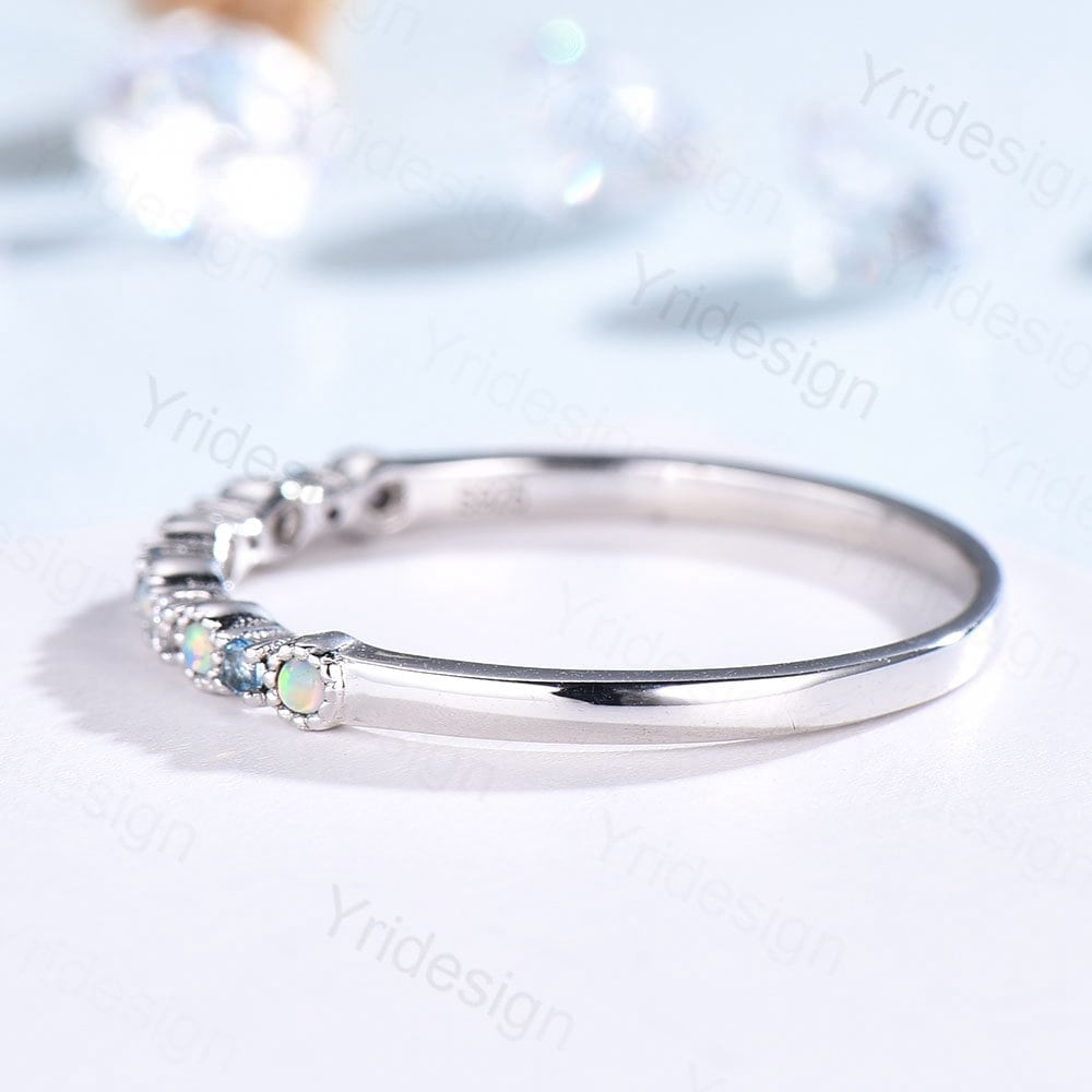 Opal Diamond Wedding Band, White Gold Milgrain Swiss Topaz Stacking Ring