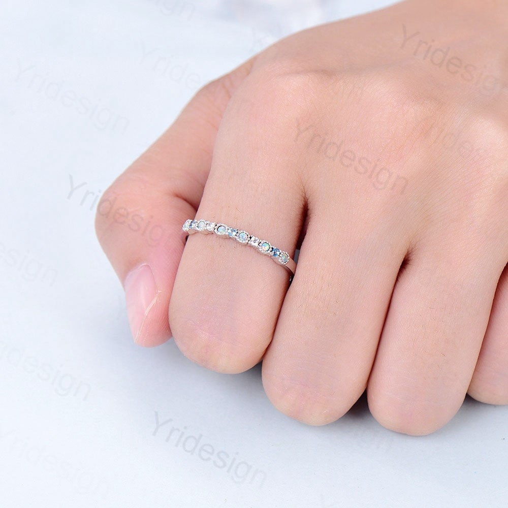 Opal Diamond Wedding Band, White Gold Milgrain Swiss Topaz Stacking Ring