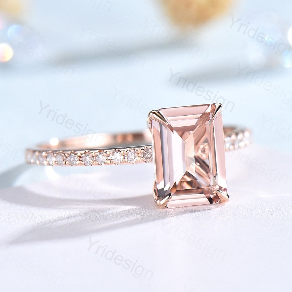 Emerald cut natural morganite engagement ring 14K rose gold morganite diamond bridal ring for women antique promise ring for women