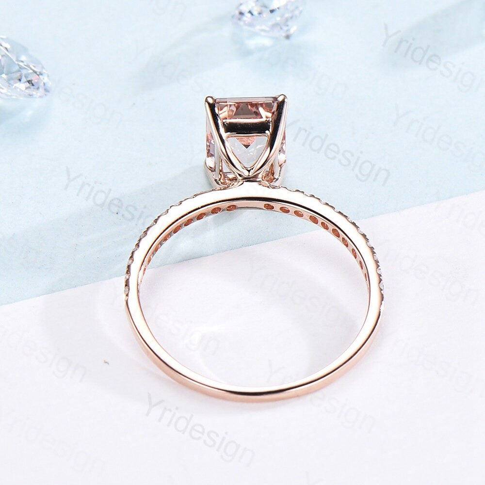 Emerald cut natural morganite engagement ring 14K rose gold morganite diamond bridal ring for women antique promise ring for women