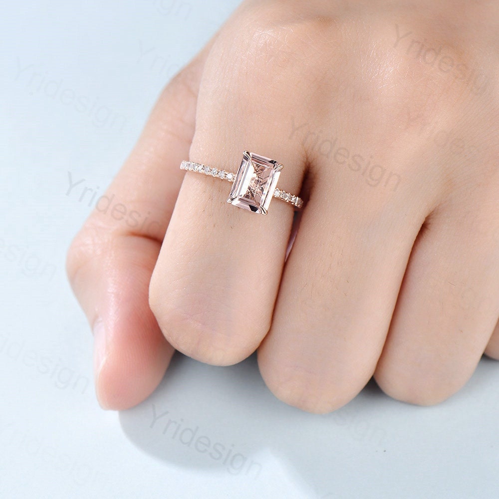 Emerald cut natural morganite engagement ring 14K rose gold morganite diamond bridal ring for women antique promise ring for women