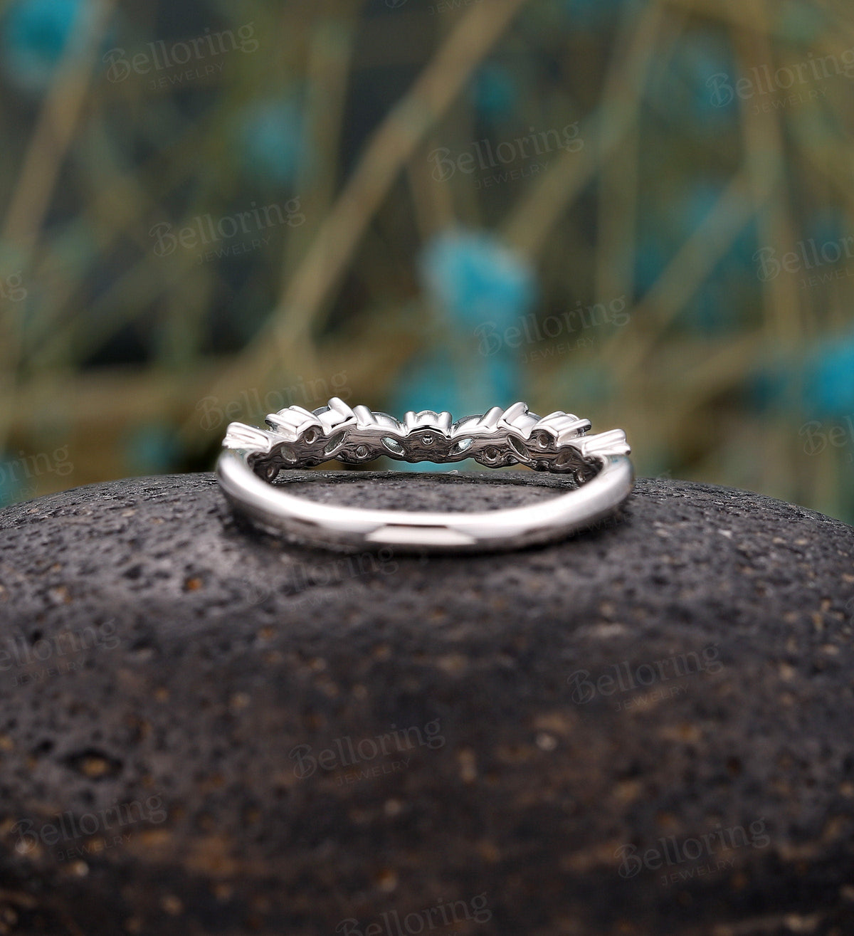 Half eternity Moissanite/Diamond wedding band, vintage white gold Lab alexandrite wedding ring, unique bridal ring, promise Matching band