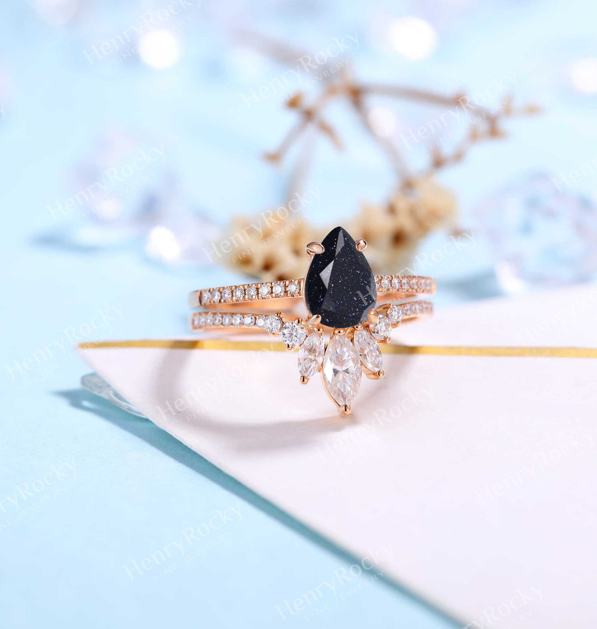 Blue Sandstone Engagement Ring Rose Gold Women | Marquise Moissanite Half Eternity Bridal Set | Unique Wedding Set | Anniversary Rings