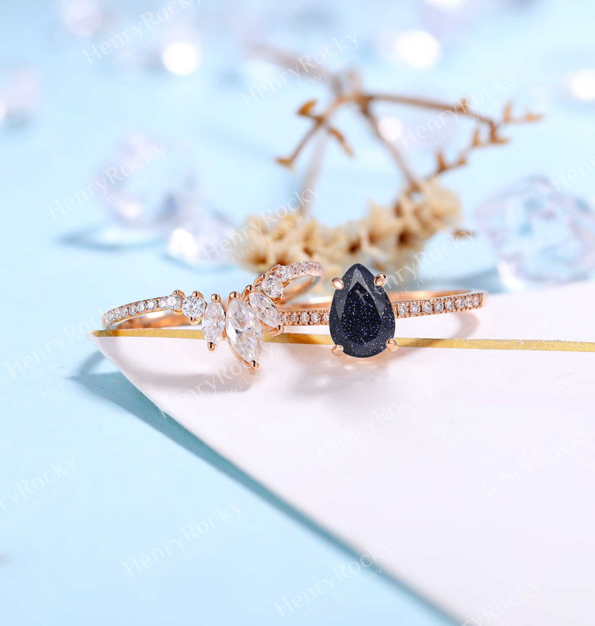 Blue Sandstone Engagement Ring Rose Gold Women | Marquise Moissanite Half Eternity Bridal Set | Unique Wedding Set | Anniversary Rings