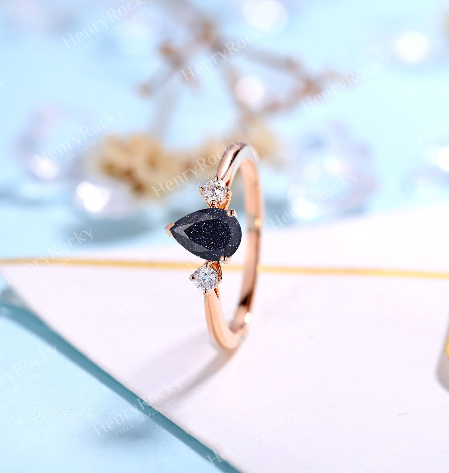 Blue Sandstone Engagement Ring Women Rose Gold | Pear shaped Bridal Jewelry | Vintage Diamond Bridal ring | Unique Anniversary Gift for Her