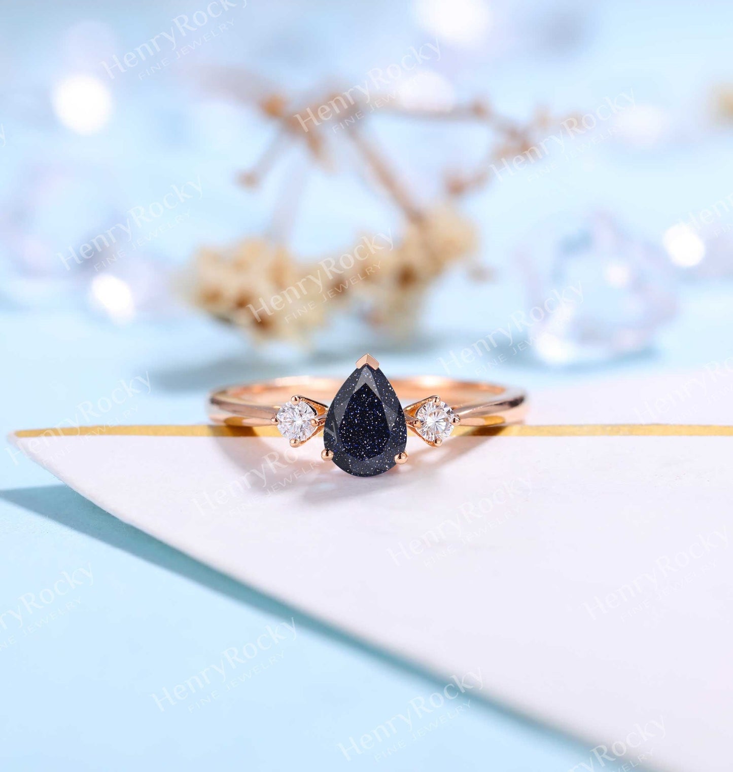 Blue Sandstone Engagement Ring Women Rose Gold | Pear shaped Bridal Jewelry | Vintage Diamond Bridal ring | Unique Anniversary Gift for Her