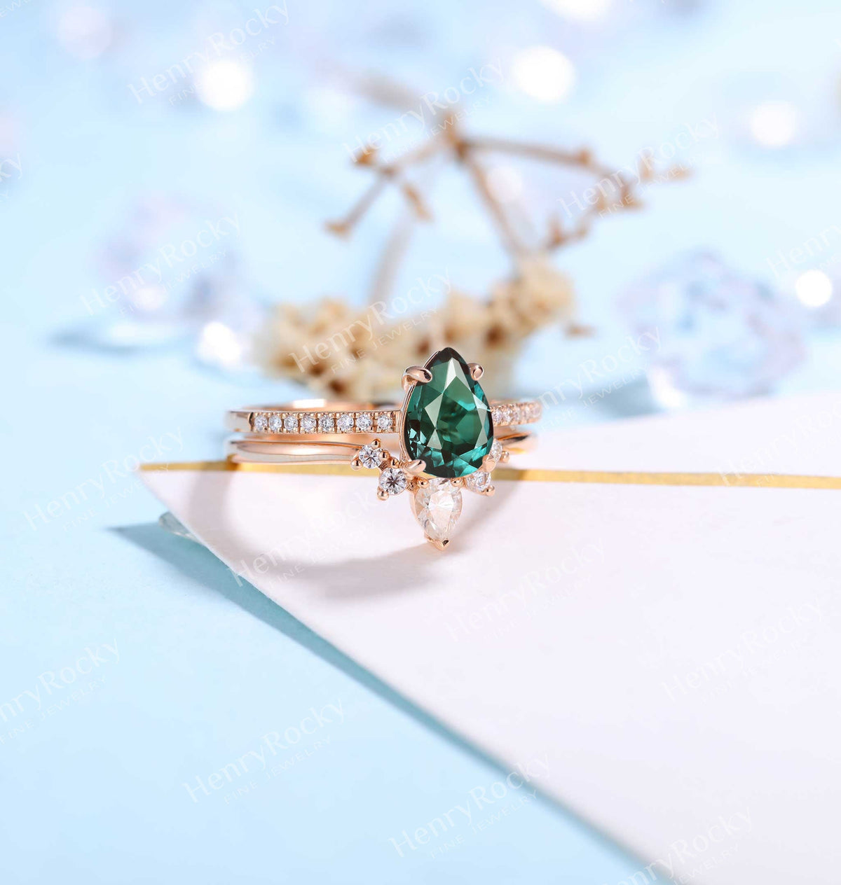 Pear Cut Alexandrite Engagement Ring Rose Gold Women | Antique Half Eternity Bridal Set | Unique Wedding Set | Anniversary Gift for her