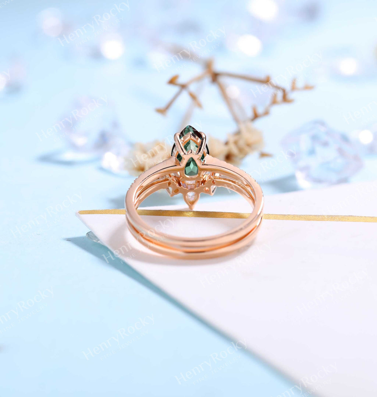 Pear Cut Alexandrite Engagement Ring Rose Gold Women | Antique Half Eternity Bridal Set | Unique Wedding Set | Anniversary Gift for her