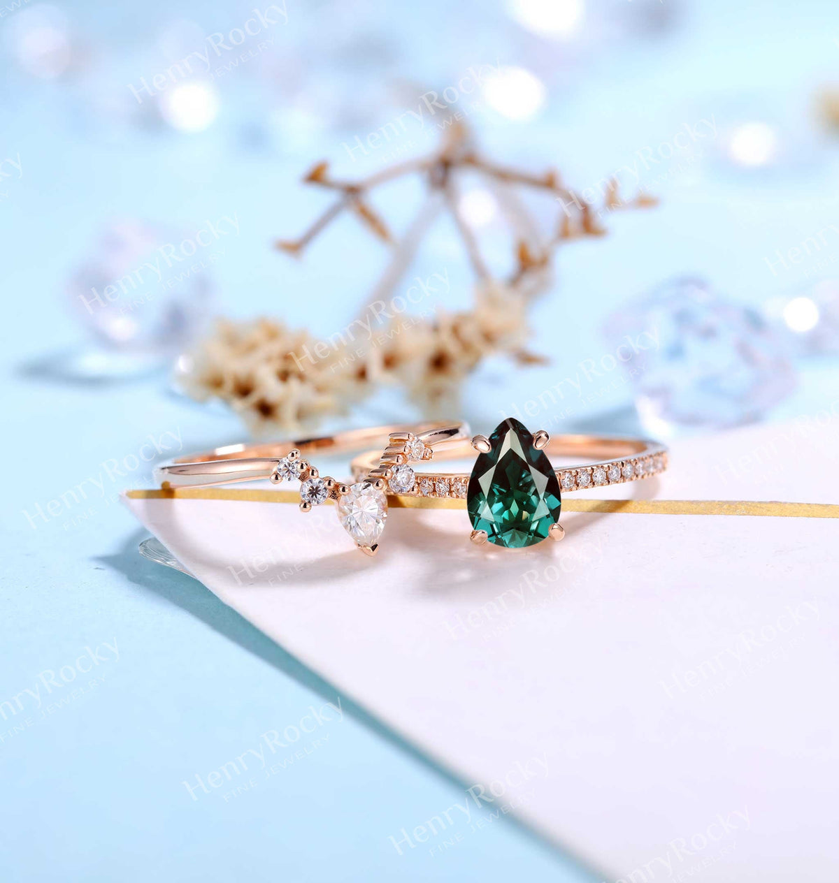 Pear Cut Alexandrite Engagement Ring Rose Gold Women | Antique Half Eternity Bridal Set | Unique Wedding Set | Anniversary Gift for her